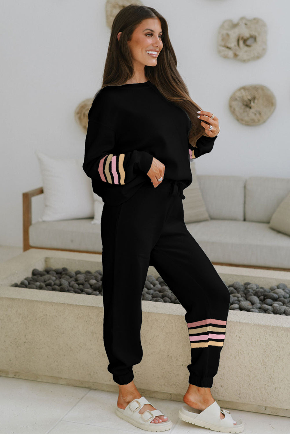 Striped Drop Shoulder Round Neck Pullover and Jogger Pants Active Outfit
