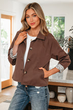 Dark Brown Collared Buttoned Leopard Liner Patchwork Chic Jacket