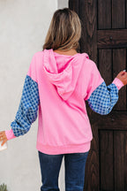 Parchment Checkered Patchwork Kangaroo Pocket Half Zipper Hoodie