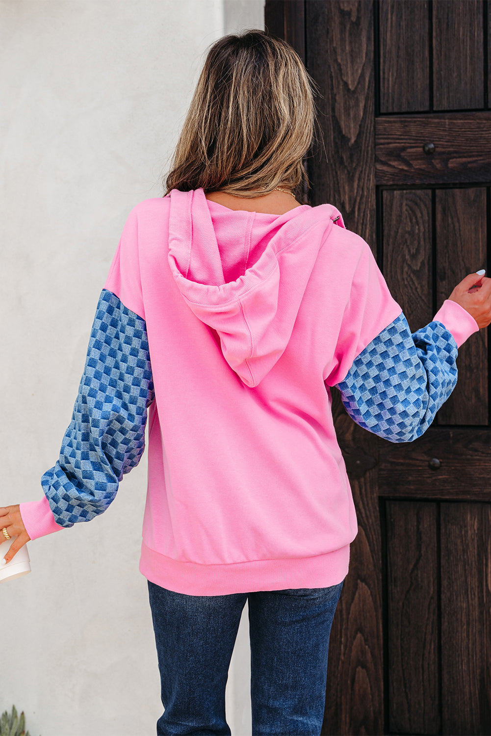 Parchment Checkered Patchwork Kangaroo Pocket Half Zipper Hoodie