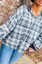 Plaid Patchwork Long Sleeve Button Hooded Blouse