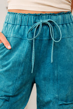 Mineral Wash Lace-up High Waist Raw Hem Patched Pocket Pants
