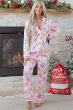 Pink Striped Bow Print Contrast Piping Trim Shirt and Pants 2pcs Pajama Set