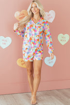 Pink Valentines Candy Heart V Neck Collared Tunic Shirt and Shorts 2pcs Pyjama Set