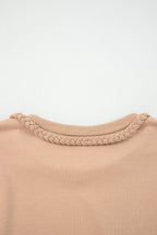 Light French Beige Braided Trim Puff Sleeve Dress