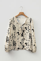 Khaki Botanical Floral Print Split Neck Long Sleeve Blouse