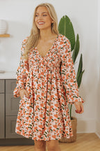 Black Floral Deep V Neck Smocked Bust Bubble Sleeve Babydoll Dress