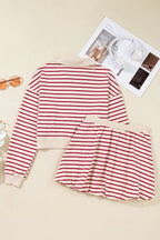 Red Stripe Cropped Collared Drop Shoulder Pullover and Bubble Mini Skirt Set