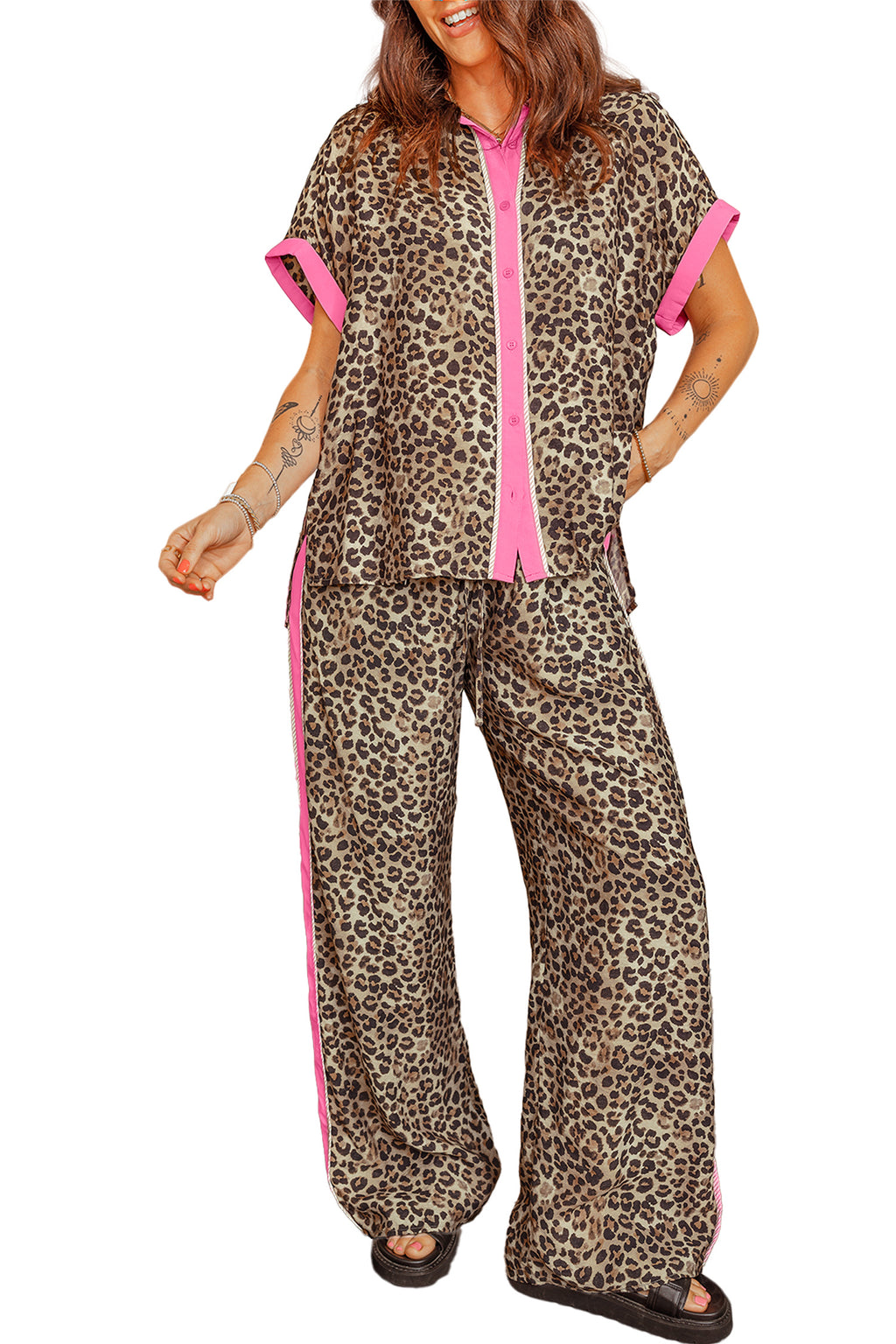 Contrast Trim Leopard Top and Pant Set