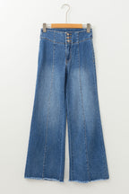 High Waist Button Fly Seamed Raw Hem Flare Jeans