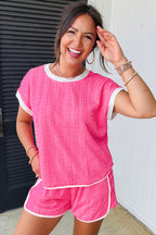 Bright Pink Textured Color Block Trim Loose Tee Drawstring Shorts 2pcs Set