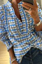 Sky Blue Plaid Long Sleeve Frilled Detail Half Button Blouse