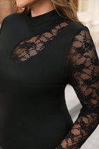 Black Plus Size Lace Patchwork Asymmetric Cutout Sheer Long Sleeve Top