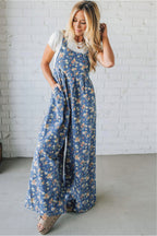 Blue Vintage Rose Printed Pleated Loose Denim Overall Jumpsuit