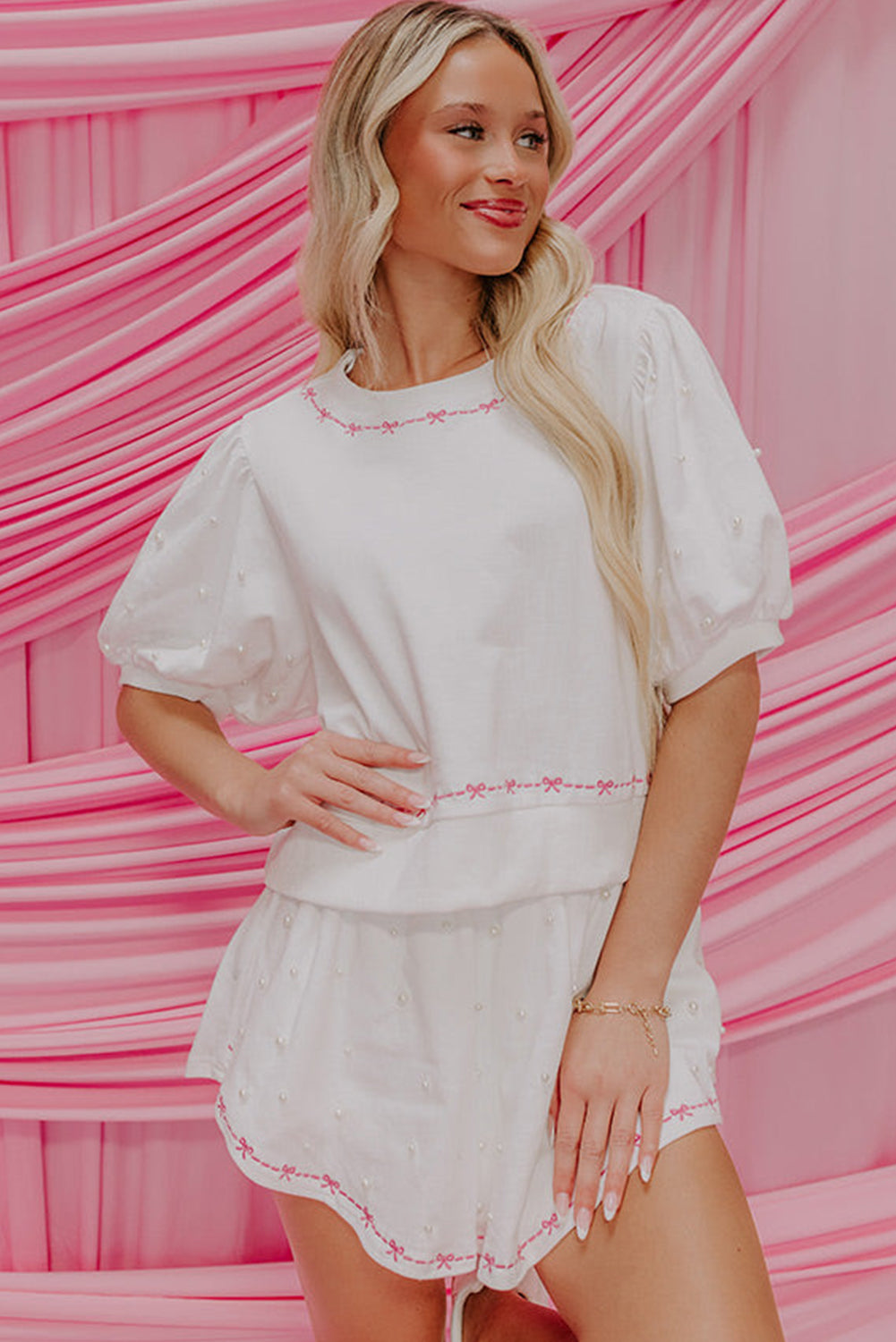 White Contrast Bow Trim Pearl Puff Sleeve Blouse and Skorts 2pcs Set