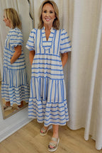 Sky Blue Stripe Ricrac Trim Notched Neck Half Sleeve Vacation Dress