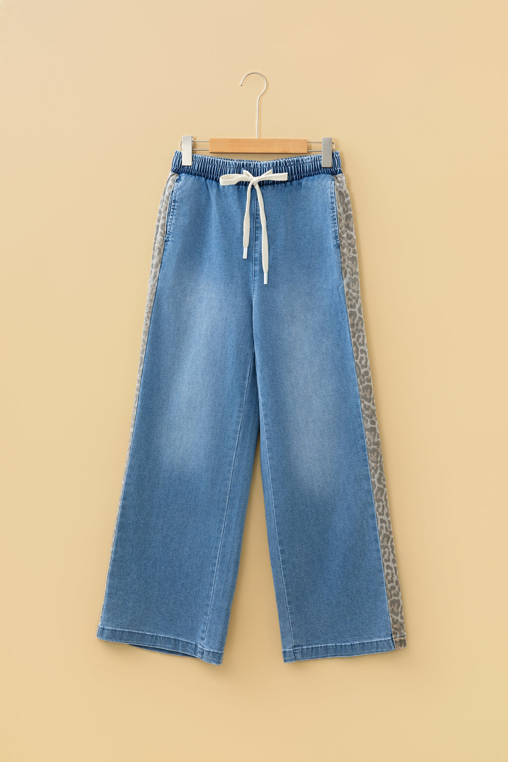 Beau Blue Drawstring Elastic Waist Leopard Striped Side Panel Wide Leg Jeans