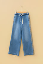 Beau Blue Drawstring Elastic Waist Leopard Striped Side Panel Wide Leg Jeans