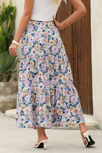 Bohemian Floral Print Tiered Maxi Skirt with Split