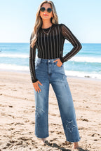 Stone Blue Star Patchwork Cropped Wide Leg High Waist Jeans