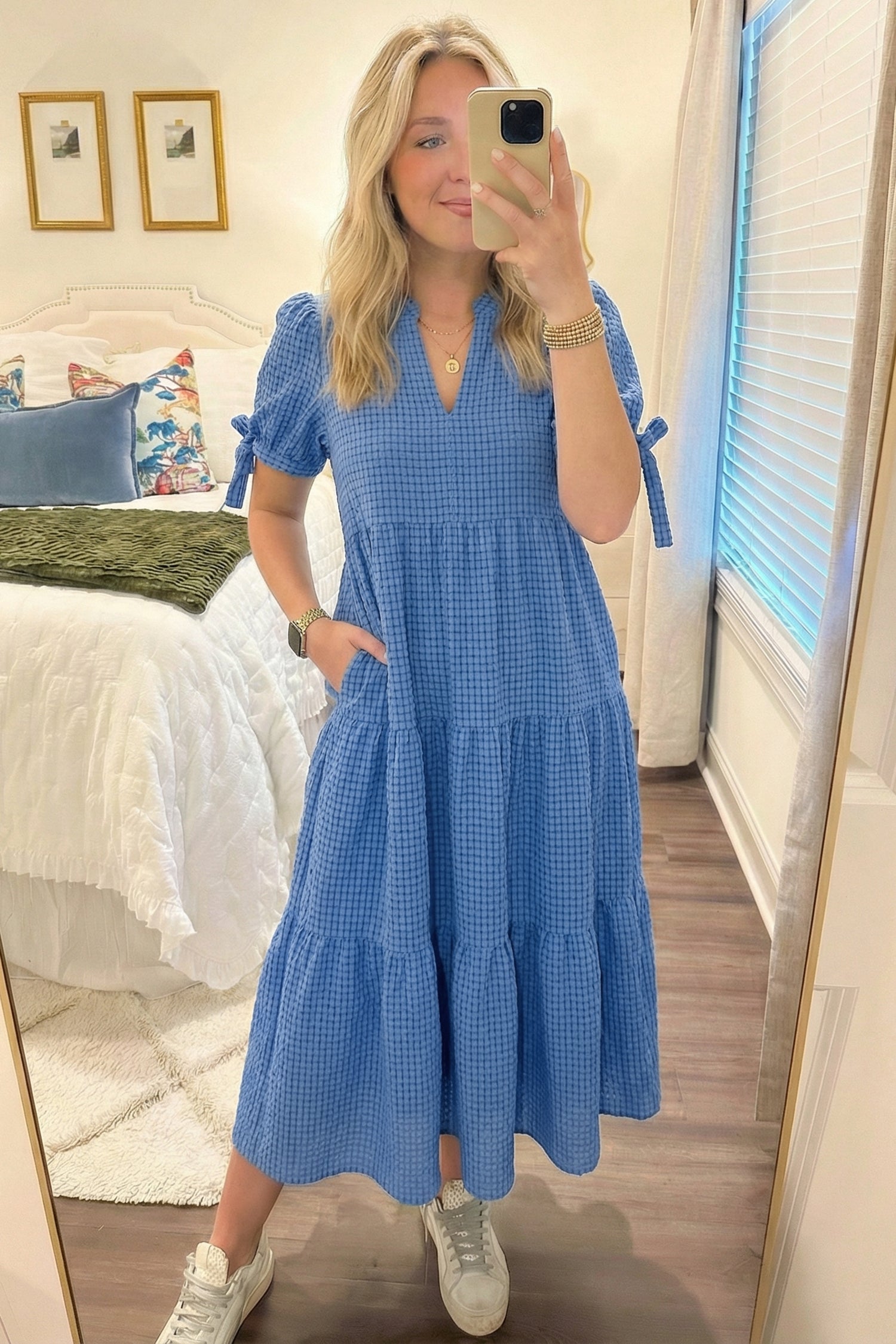 Dusk Blue Gingham Textured Bow Tie Short Sleeve Tiered Midi Dress