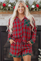 Red Plaid Contrast Patched Christmas Holiday Long Sleeve Shirt and Short 2pcs Pajama Set