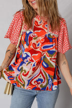 Red Paisley Geometric Mixed Print Patchwork Puff Sleeve Blouse Top