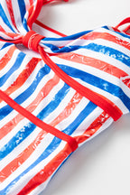 Red July 4th Stripes Star Floral Impression Cutout Spaghetti Straps One Piece Swimsuit