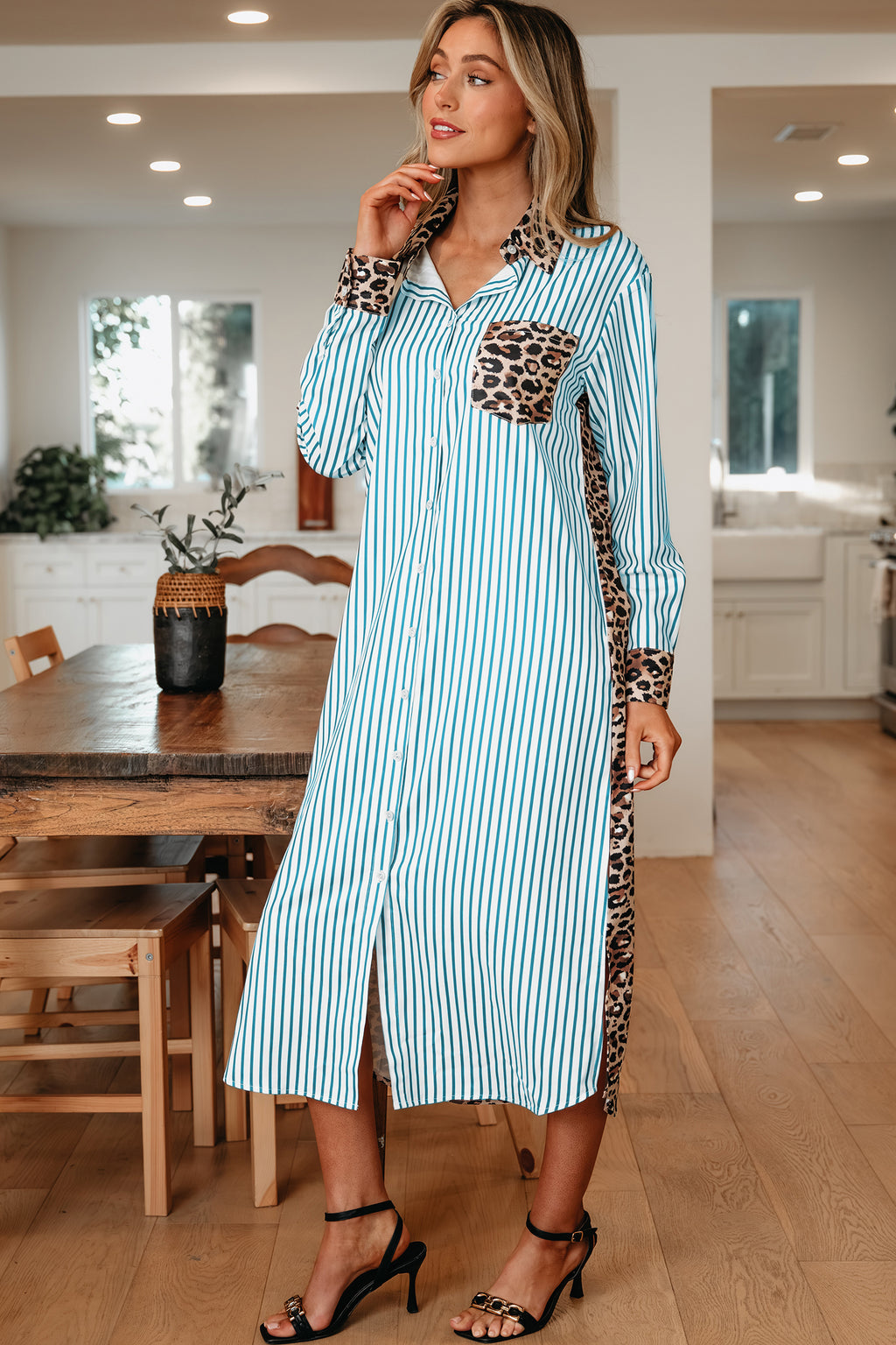 Striped Contrast Leopard Patchwork Long Shirt Dress with Slits