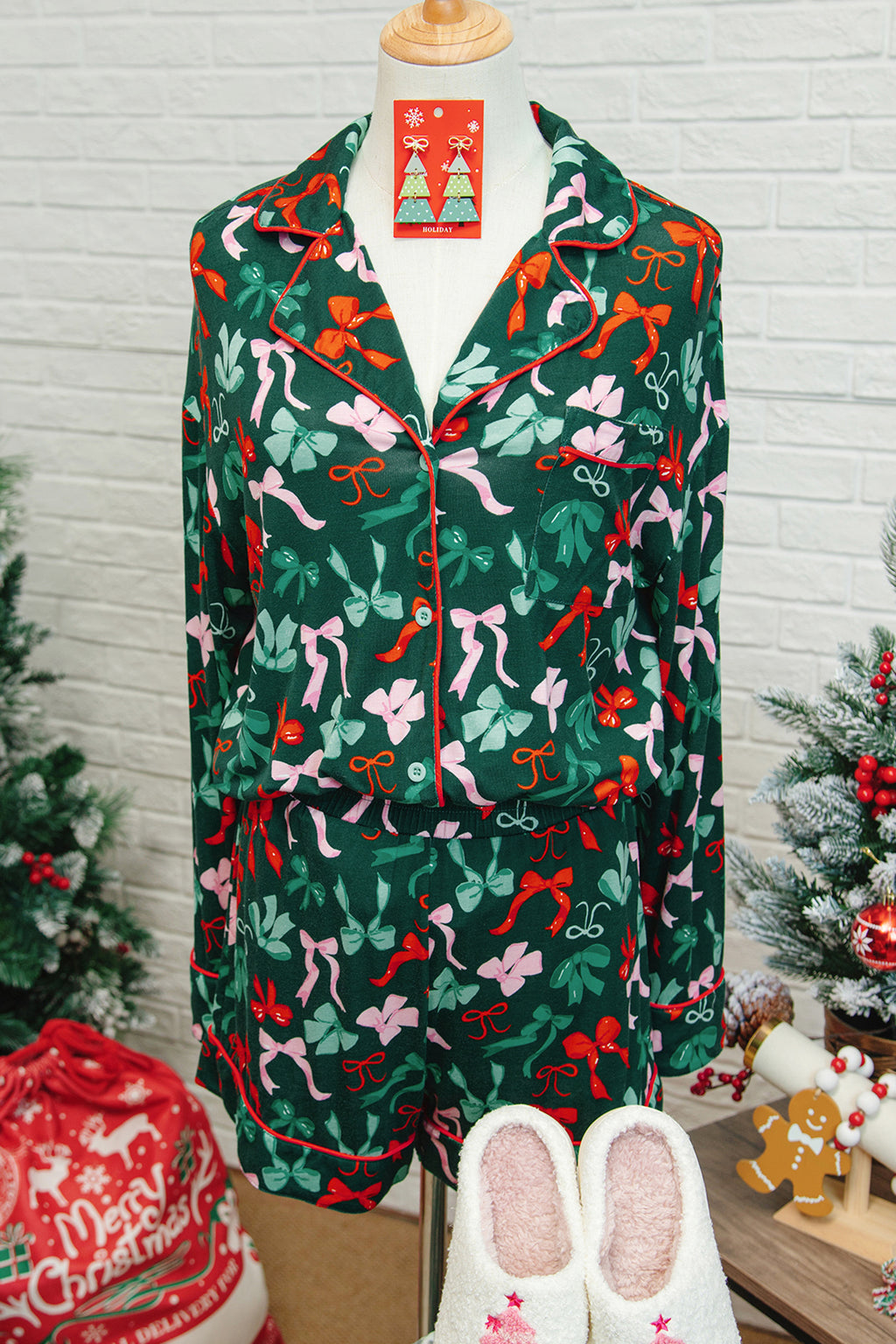 Green Festive Bow Print Long Sleeve Shirt and Pyjama Short Set