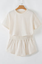 Beige 2pcs Cropped Tee and Ruffle High Waist Skort Set