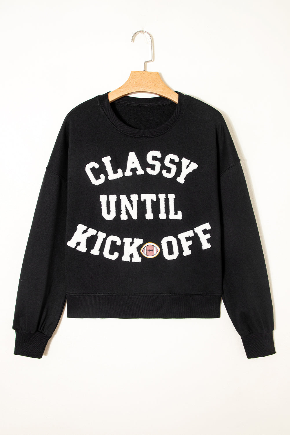 CLASSY UNTIL KICKOFF Plush Letter Patched Loose Sweatshirt