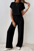 Dark Grey Ribbed Keyhole Short Sleeve Wide Leg Jumpsuit