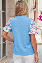 Light Blue Round Neck Textured Contrast Floral Bubble Sleeve Blouse