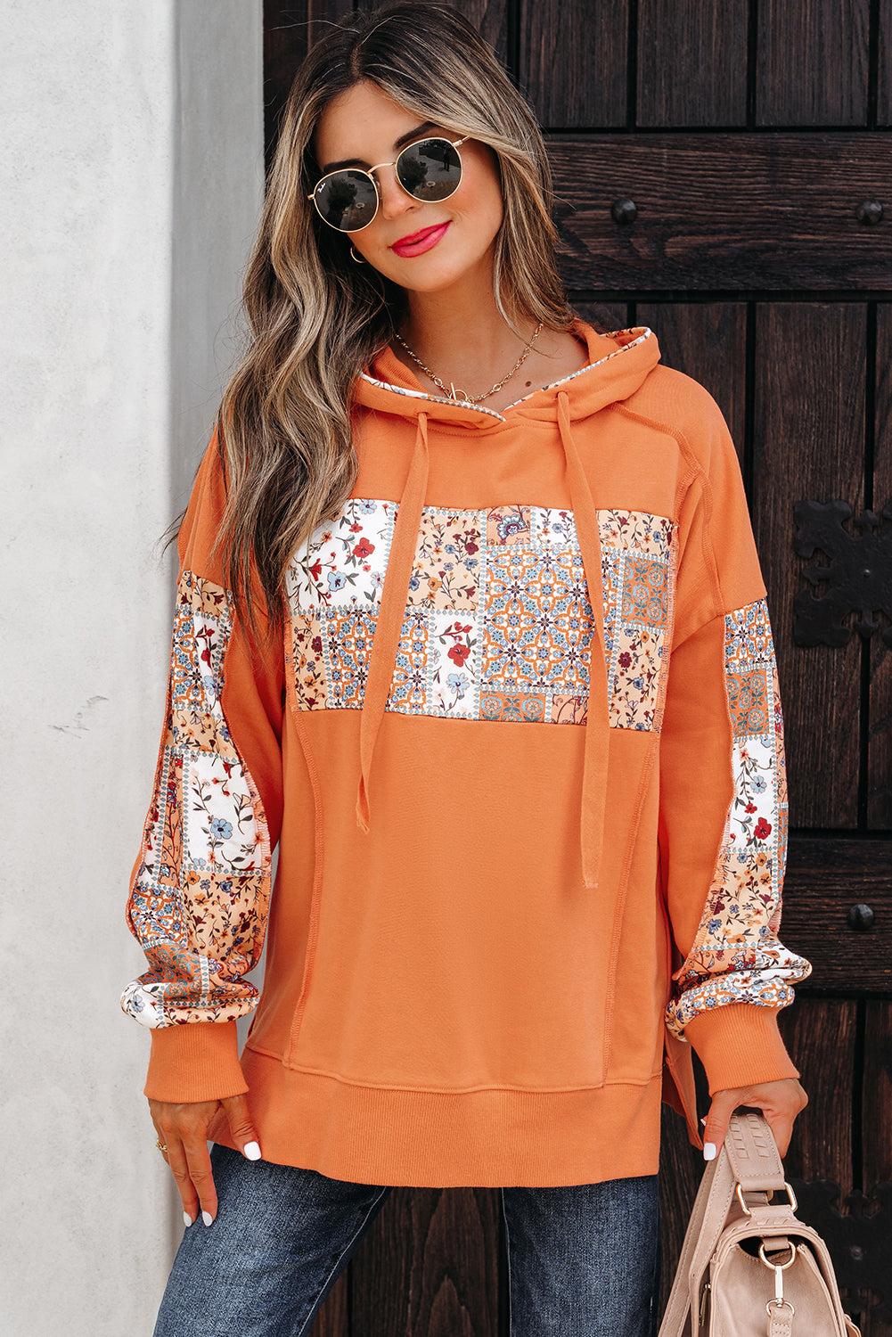 Mix Floral Patchwork Side Slit Drawstring Hoodie