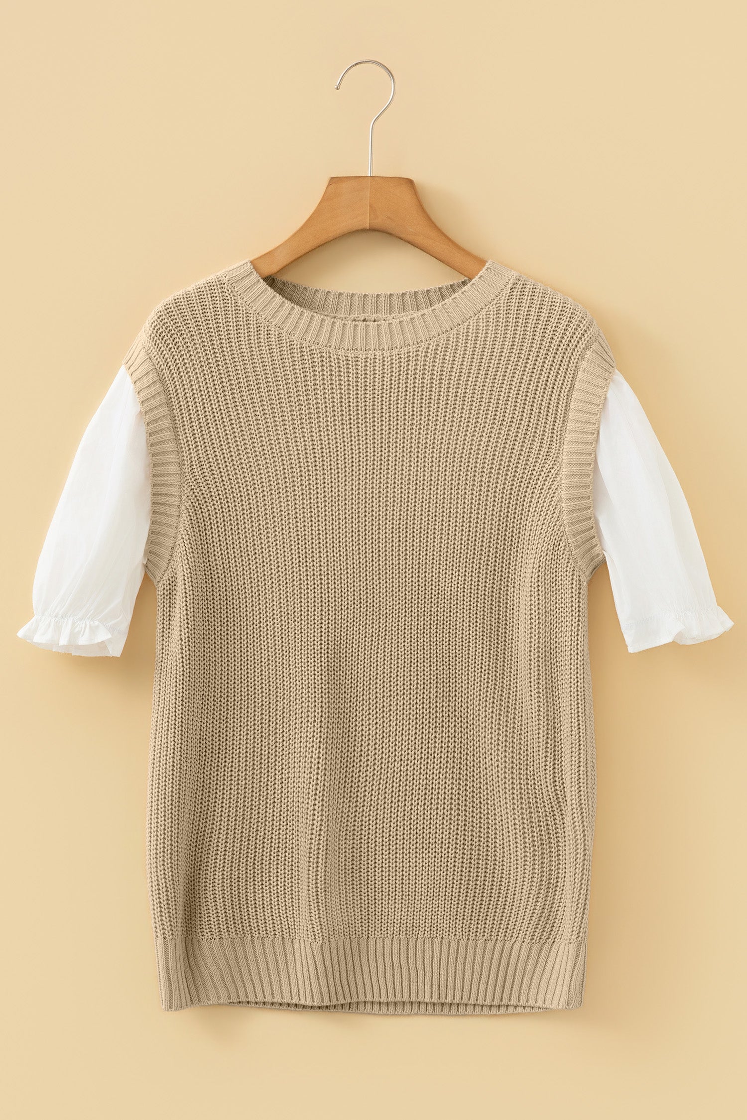 Light French Beige Round Neck Knit Contrast Short Sleeve Patchwork Sweater Top