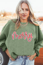 Grass Green Sequined merry Letter Graphic Twisted Ribbed Baggy Sweatshirt