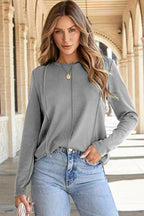 Black Solid Exposed Seam Crew Neck Long Sleeve Top