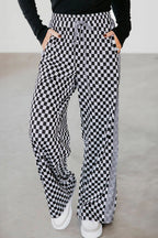 White Checkerboard Drawstring Waist Casual Pants