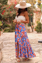 Blue Bohemian Floral Print Tiered Maxi Skirt with Split