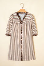 Khaki Stripe Square Button Leopard Trim Loose Bracelet Sleeve Shirt Dress