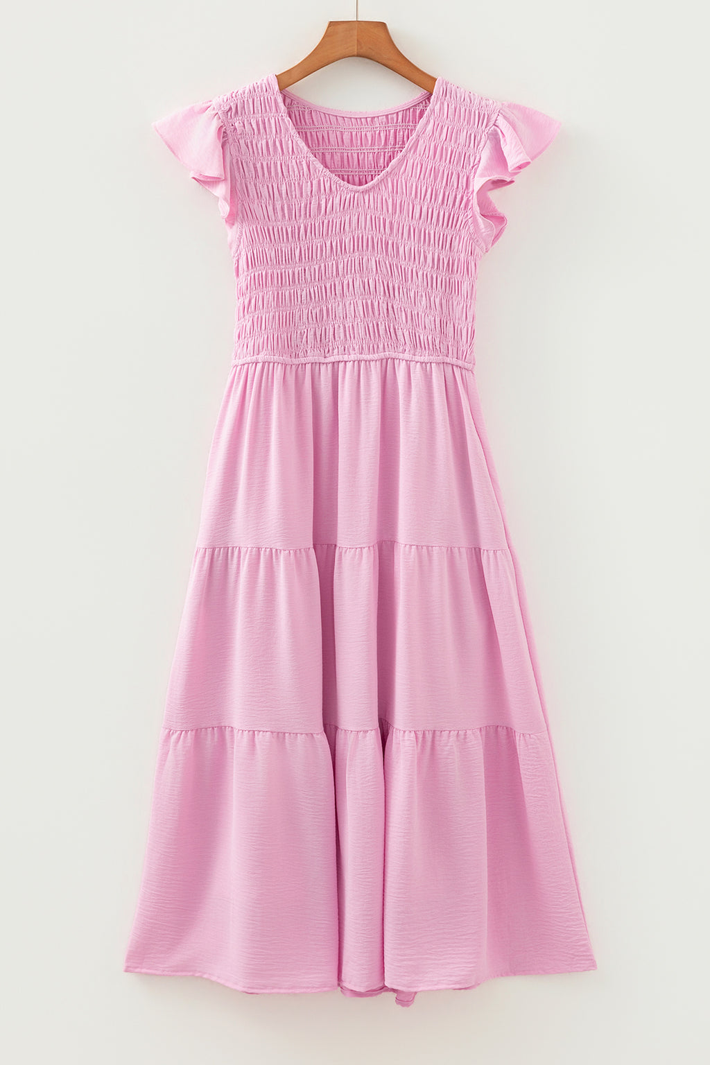 Pink Smocked Bodice Flutter Sleeve Fit Flare Tiered Midi Dress