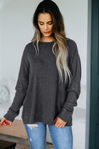 Dark Grey Waffle Knit Patchwork Long Sleeve Loose Top