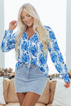 Sky Blue Ethnic Printed Tie Split Neck Button Front Puff Sleeve Shirt