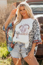 Multicolour Asymmetric Printed Patchwork Sleeve Peace Desert Graphic Top