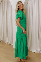 Bright Green Solid Color V Neck Short Puff Sleeve High Waist Tiered Maxi Dress