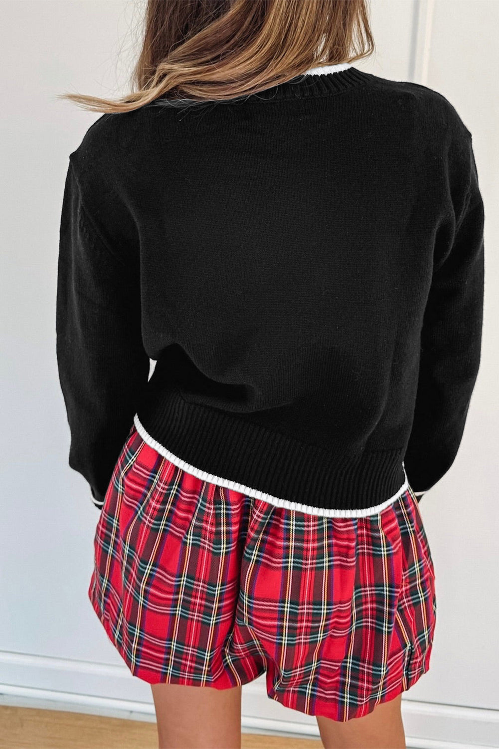 Fiery Red Contrast Trim Big Bow Accent Holiday Cropped Sweater