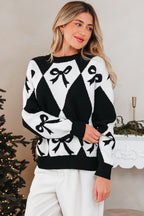 Black Bow Print 2-tone Rhombus Knit Loose Sweater