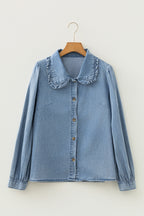 Beau Blue Ruffled Peter Pan Collar Western Denim Shirt