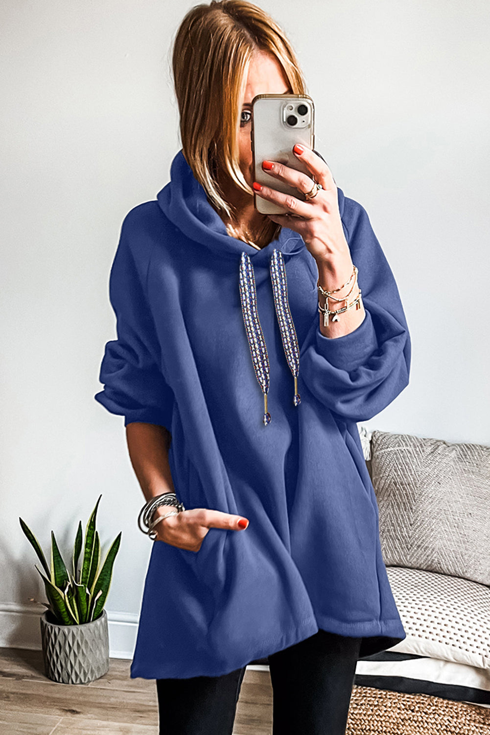 Fleece Lined Adjustable Drawstring Oversize Tunic Hoodie